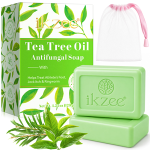 สบู่ก้อนวีแกน 120 กรัม ยี่ห้อ Ikzee Private Label สบู่ทีทรีออยล์ผสมเฮเซล สำหรับ<span class=keywords><strong>รักษา</strong></span>โรคผิวหนังอักเสบ กลากเกลื้อน และโรค<span class=keywords><strong>รักษา</strong></span>ตัวด้วยเหงื่อ - Product Image 1