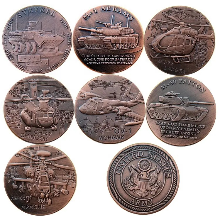 Американский танк, вертолет, бронированный автомобиль, монеты самолета, красная бронзовая позолоченная американская военная монета