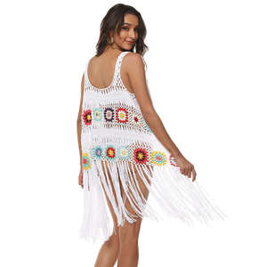 Mujeres Sexy Tie Front sin mangas <span class=keywords><strong>Granny</strong></span> Square hecho a mano Crochet Vest Beach Cover Ups - Product Image 2
