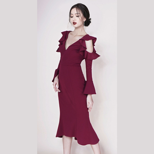 Dames Hors épaule Profonde V Cou Manches Longues Sexy Sirène Cocktail Boutique Volants Robe de Bandage - Product Image 2