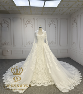 Vestido de Novia Elegante de Encaje Francés con Mangas Largas, Vestido de Novia Estilo Sirena con Escote Corazón y Cola Desmontable - Product Image 1
