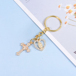 Porte-clés de luxe en forme de cœur avec strass et perles, pendentif croix Vierge Marie pour femme, porte-clés de voiture doré, porte-clés de sac à dos - Product Image 6