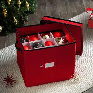 64個のコンパートメントディバイダー、リベット付きハンドルと蓋付きのクリスマスデコレーション収納ボックス、赤