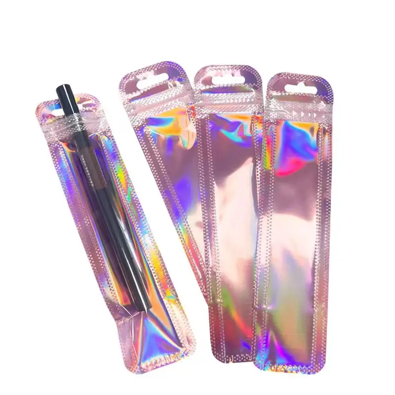 Sacchetti olografici in fogli di alluminio richiudibili da 25*155mm con imballaggio laser rosa con chiusura a chiusura lampo in plastica