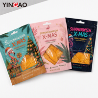 Op maat gemaakte bedrukte staande pouch met venster voor zomer- en kerst gedroogde mango's, duurzame voedselverpakkingszak op maat gemaakt