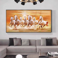 Tableau mural moderne de luxe nordique, 7 chevaux blancs au galop, paysage au coucher du soleil, encadrement en porcelaine cristalline, décoration intérieure, peinture de chevaux