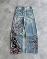 Jean en denim personnalisé brodé motif fleur de cerisier, coupe large, style Y2K vintage, streetwear pour homme