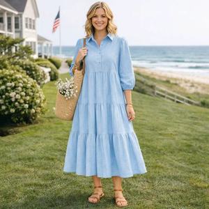 <span class=keywords><strong>Abito</strong></span> Personalizzato in <span class=keywords><strong>Lino</strong></span> <span class=keywords><strong>Azzurro</strong></span> con Colletto a Camicia per Donne, con Maniche a Sbuffo e Volant a Strati <span class=keywords><strong>Abito</strong></span> Elegante Adatto per Donne. - Product Image 5