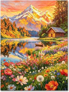 Kit de peinture à l'huile DIY par numéros Songwoo : Coucher de soleil, <span class=keywords><strong>montagne</strong></span> enneigée, lac, cabane, fleurs sauvages – Peinture sur toile personnalisée - Product Image 2