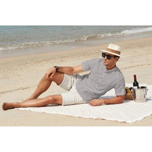Custom Men's Cotton <b>Linen</b> Henley <b>Shirt</b> Casual Button Down Tropical Beach T-<b>Shirt</b> Summer <b>Short</b> <b>Sleeve</b> ODM Woven Fabric - Product Image 4