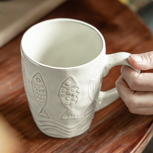 Retro Embossed Fish Ceramic Mug, Vintage Distressed <b>Large</b> Capacity Coffee <b>Tea</b> Water <b>Cup</b> <b>for</b> Home Wholesale - Product Image 2