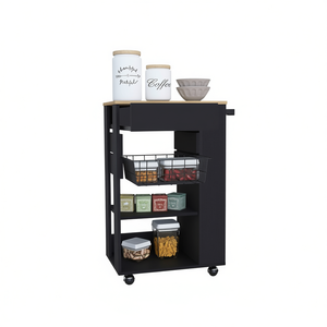 Carrello da Cucina Blossom con Un Cassetto, Due Ripiani, Quattro Ruote, Design Moderno Nero - Product Image 1