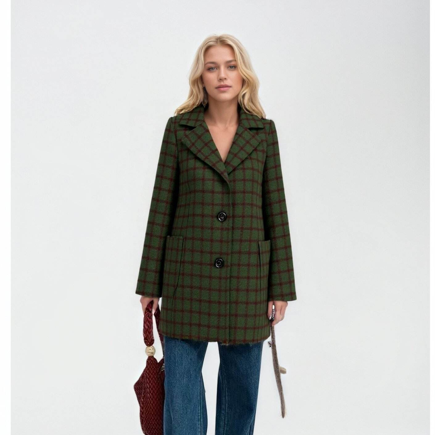 Knee Length Women's Check Wool Coat Knee Length Winter Coats