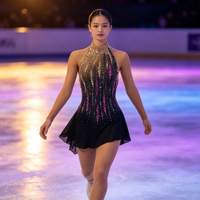 Costume de patinage artistique pour enfants et adultes, robe en maille dégradée noir, or et rose avec strass pour spectacle sur glace et compétition