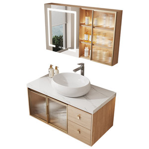 Wooden colored rock slab countertop basin intelligent <b>mirror</b> cabinet <b>wall</b> mounted bathroom cabinet - Product Image 5