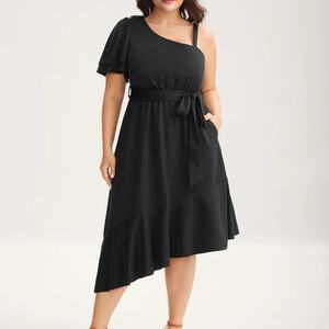 Robe midi élégante pour femme, à manche unique, épaule asymétrique, volant, taille haute, couleur unie, grandes tailles – Offre Spéciale - Product Image 1