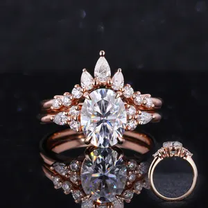 Starsgem 14K Rose Jewelry 1 Karat Soild Emas Pave Oval Cut Moissanite Cincin Pernikahan Set