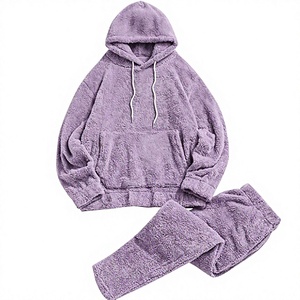 Ensemble sweat à capuche et pantalon unisexe en polaire Sherpa, couleur unie, coupe ample, manches longues, survêtement décontracté d'hiver avec poches et taille élastique - Product Image 3