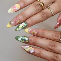 Faux ongles à presser en acrylique, forme amande, French manucure, avec fleurs 3D en strass et estampage doré, finition brillante/mate, personnalisables pour fêtes et vacances