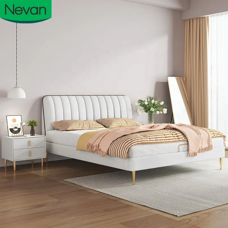홈 침실 가구 현대적인 디자인 퀸 침대 프레임 호텔 킹 사이즈 다기능 장식 부드러운 가죽 화이트 고급 침대