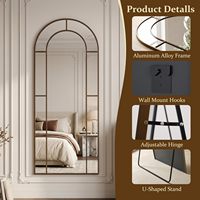Arched Full Length Aluminum Farmhouse Window Pane Decorative Leaning Wall Mounted Floor Mirror Metal Frame