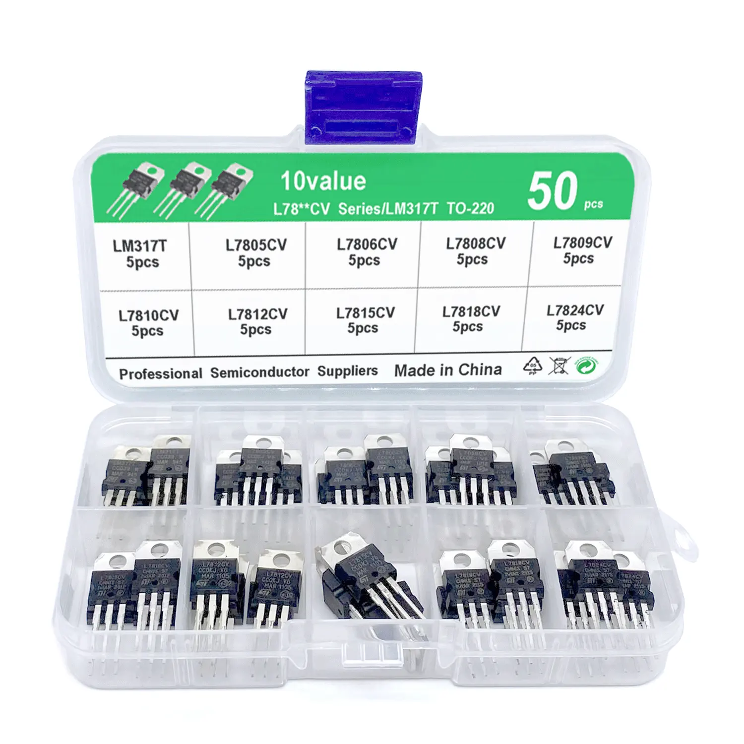 50pcs/set 10Values TO-220 Transistor Assortment Kit LM317T L7805 L7806 L7808 L7809 L7810 L7812 L7815 L7818 L7824 Regulator Box