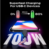 Câble de charge rapide USB-C PD 66W 3A RGB, conducteur en cuivre pur, blindage en alliage d'aluminium tressé pour ordinateurs et appareils mobiles