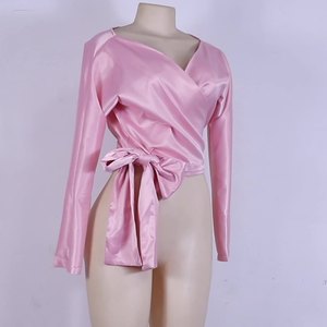 เสื้อเชิ้ตผู้หญิงสีพื้น คอวี เซ็กซี่ ทรงเข้ารูป ผูกโบว์ แฟชั่นสำหรับฤดูใบไม้ผลิและฤดูร้อน - Product Image 5