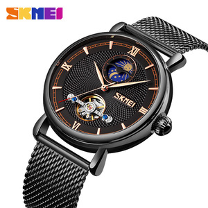 Skmei Men's Automatic Mechanical Watch Stainless Steel Strap Tourbillon Skeleton 30M Waterproof Black Dial Mesh Band - Product Image 1