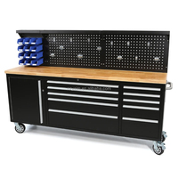 Coffre à outils roulant robuste en acier inoxydable pour atelier, 10 tiroirs, plan de travail en bois de caoutchouc, roues industrielles, panneau perforé et crochets