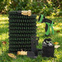 Manguera de Jardín Expandible de Alta Presión Negra y Verde, de Plástico ABS, con Mango Telescópico y Carrete de Tela Antiabrasión