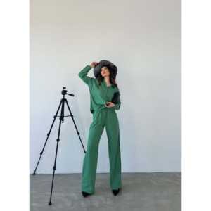 ชุดสูทผู้หญิง 2 ชิ้น เสื้อเชิ้ตผ้าฝ้ายสีเขียวทรงออกซ์ฟอร์ดและกางเกงขายาวทรงกว้าง ระบายอากาศได้ดี เหมาะสำหรับงานทางการ - Product Image 2