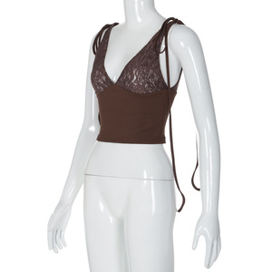 Cuello en V profundo Sexy Hottie Backless Slim Sexy Micro-elástico Color sólido Top corto de encaje con tirantes para mujer - Product Image 2