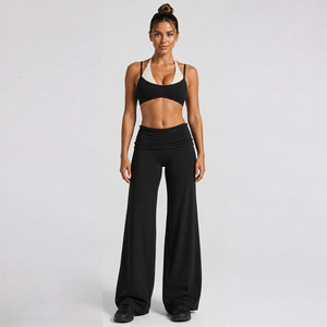 Striped Halter Double Layered Breathable <b>Bra</b> Top With Fold-over Waistband High Waist Wide Leg Yoga Pants Leggings Set - Product Image 6