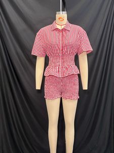 2025 estate nuovo vestito da donna rosso Plaid a maniche corte con collo corto e Shorts a vita alta 2 pezzi - Product Image 2