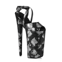 Chaussures de pole dance sexy en PU texture serpent, talon de 20 cm, bout ouvert, lanières extra longues, semelle épaisse, logo personnalisé, vente en gros
