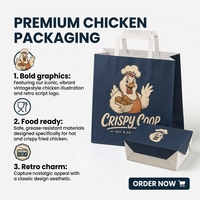 Sacs en papier bleu marine personnalisés avec poignées plates pour poulet frit, restauration rapide, vente à emporter, emballage assorti pour boîtes à poulet, approvisionnement en gros