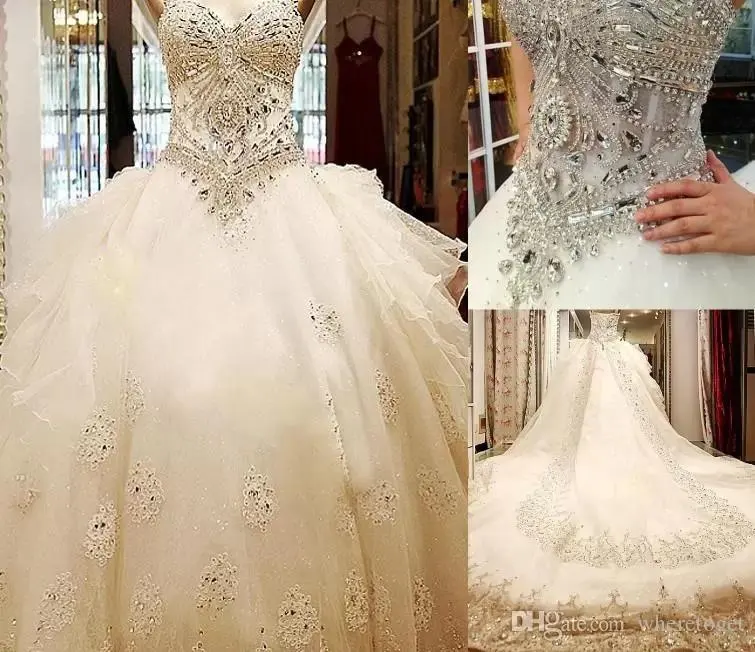 Bling Luxury Crystal Cathedral Train Ball Gown Wedding Dresses with Strapless Sweetheart Lace Applique Tulle Long Bridal Gowns