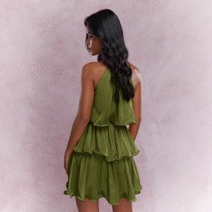 Abito Elegante Estivo da Donna con Collo ad Anello Senza Maniche, Gonna Corta in Chiffon di Alta Qualità con Orlo a Volant, Mini Abito <span class=keywords><strong>Boho</strong></span> - Product Image 3