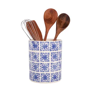 Accessoires de cuisine vintage bleu et blanc de 7 pouces porte-ustensiles en céramique personnalisé