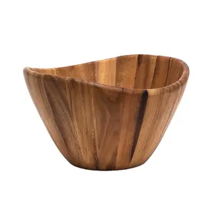 Customized Eco friendly solid round shaped wooden salad bowl for fruits soup rice kitchen utensils