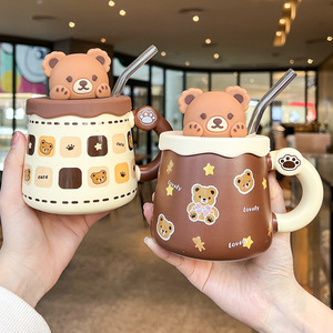 Tasse à café mignonne Kawaii Couple 350ml en céramique avec couvercle et paille en verre - Product Image 3