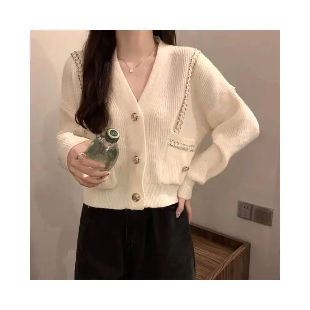 52% Acrylic 28% Nylon 20% Pbt Women Autumn Sweaters Solid Color Long Sleeves V-neck White Sweater Woman