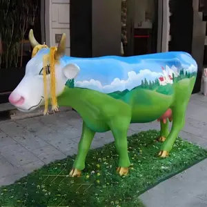 户外花园装饰用彩色真实尺寸奶牛雕像/树脂玻璃纤维动物牛雕像