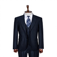 Costume d'affaires homme bleu marine à rayures fines, simple boutonnage, col à revers, coupe droite, en laine et polyester, infroissable, style britannique