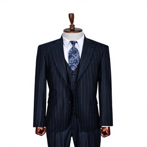 Costume d'affaires homme bleu marine à rayures fines, simple boutonnage, col à revers, coupe droite, en laine et polyester, infroissable, style britannique - Product Image 1