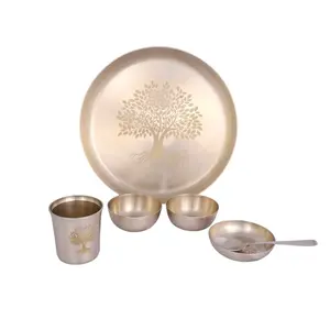 Peralatan makan Thali/Kansa 6 buah perunggu kualitas tinggi dengan mangkuk puding dan kaca untuk manfaat kesehatan dan Yoga dan Antik