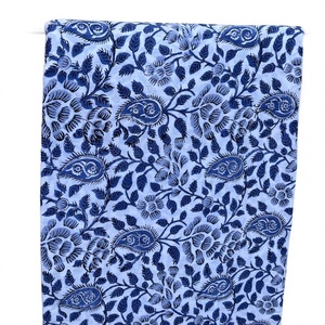 Blue Hand Block Print Cotton Fabric Floral Leaf Pattern Indian Handmade Botanical Textile for Dress Home Decor - Product Image 1