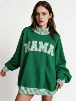 Sweat-shirt à col montant brodé patchwork pour femme, en coton, manches longues, détail ourlet brut, style décontracté et urbain, pull-over OEM