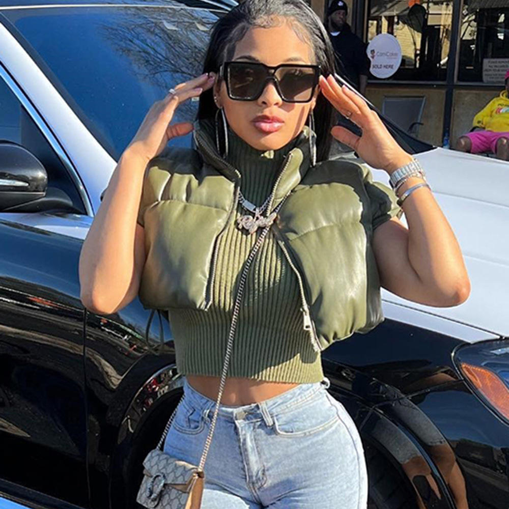 2022 Women Fall Winter Hip Hop Clothing Cotton Green Pu Leather Vest Jacket Fashion Sleeveless Zipper Jacket Puffer Vest Women 